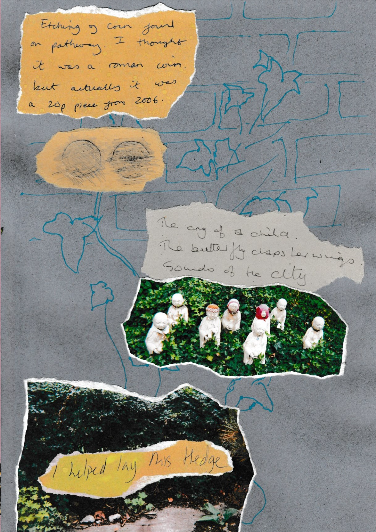 a page from the zine Sedimenting the Archive showing collages with an image of the mizuko jiro from the graveyard