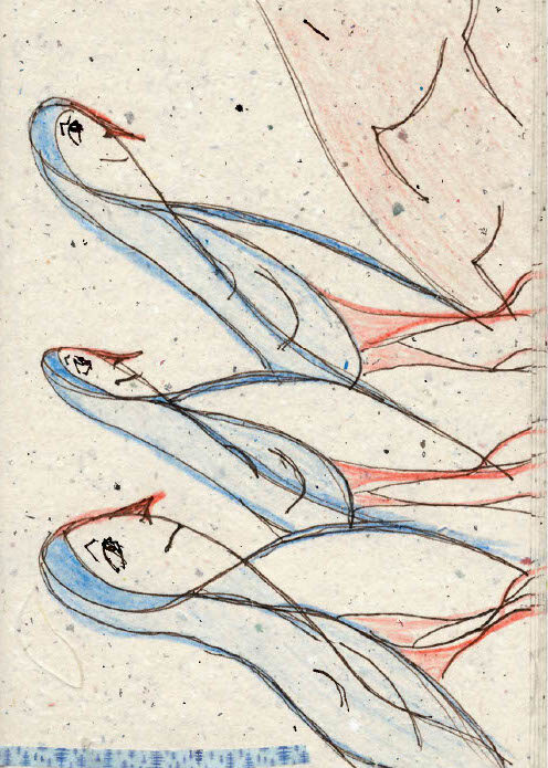 “Hand‑drawn sketch of three elongated figures outlined in blue with red facial features and legs, walking toward the right across a speckled paper background. The figures suggest a woman-goose hybrid.