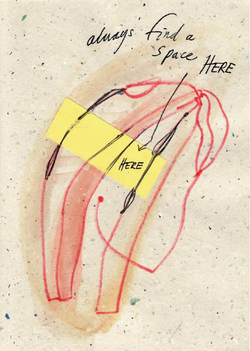 Abstract red and black line drawing on textured paper with a yellow rectangle placed diagonally across the centre. Handwritten text reads: ‘always find a space HERE,’ with an arrow pointing to the word ‘HERE’ on the yellow paper.