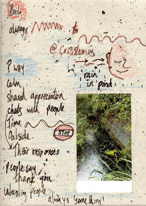 Page with a photograph of a small pond surrounded by greenery and a concrete wall, with handwritten notes and doodles above and around it. Text reads: ‘Body always ~~~~~ to @Crossstones,’ ‘? why,’ ‘calm,’ ‘shared appreciation,’ ‘chats with people,’ ‘time,’ ‘outside,’ ‘their responses,’ ‘people say “thank you”,’ ‘interesting people,’ ‘always “something”,’ ‘rain in pond,’ and ‘STOP.’ A simple smiling face drawing appears near the top.