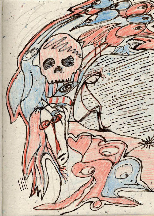 Open sketchbook with handwritten text on the left page reading: ‘Do you remembered me? How we used to be?’ and an abstract multicoloured drawing of a skeletal, flowing figure surrounded by swirling lines on the right page.