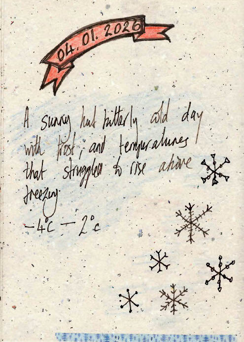 Handwritten journal entry on speckled paper with a red ribbon banner reading ‘04.01.2026.’ Below it, the text reads: ‘A sunny but bitterly cold day with frost and temperatures that struggled to rise above freezing –4°C – –2°C,’ surrounded by small hand‑drawn snowflakes.