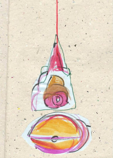 Two abstract marker drawings on textured paper: the upper drawing shows a cone‑shaped form hanging from a red line, containing a spiral shape in brown and pink; the lower drawing is a rounded shape in orange, pink, and purple tones with a dark outline.