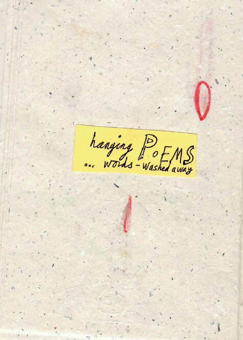 Textured page with a yellow sticky note reading: ‘hanging POEMS … words – washed away,’ beside two small abstract drawings in pink, orange, and brown.