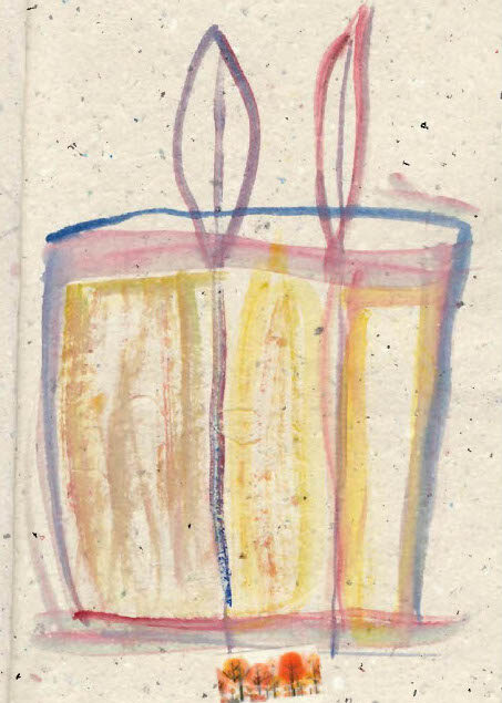 Colourful abstract drawing of a candle shaded in yellow, pink, orange, and blue, with three flame‑like shapes at the top.