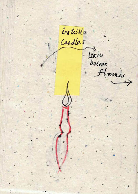 Hand‑drawn candle partly covered by a yellow sticky note reading: ‘invisible candles’ and ‘leave behind flames,’ next to a colourful abstract drawing of a rectangular form topped with three flame shapes.