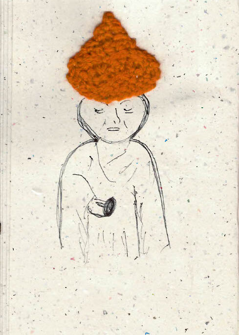“Line drawing of a Mizuko jizo statue with closed eyes wearing a robe, with a small red knitted hat attached to the top of the head on speckled paper.