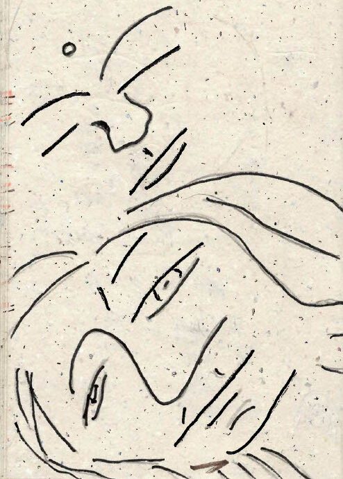 “Minimalist line drawing on speckled paper showing the faces of a Mizuko Jizo and the Redcross Mary shrine, one, with simple curved lines suggesting calm expressions.”