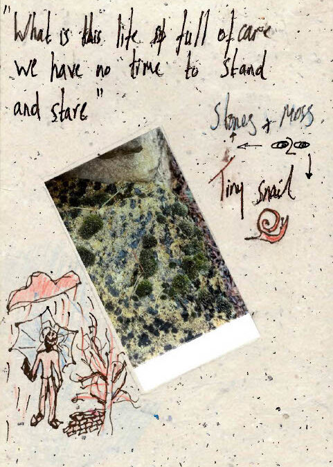 Collage featuring a photograph of moss‑covered stones and a tiny snail, with handwritten text above reading: ‘What is this life so full of care we have no time to stand and stare.’ Notes beside the photo read: ‘Stones + moss’ and ‘Tiny snail!’ with a small red snail drawing. A sketch of a person standing under a large plant appears at the bottom left.