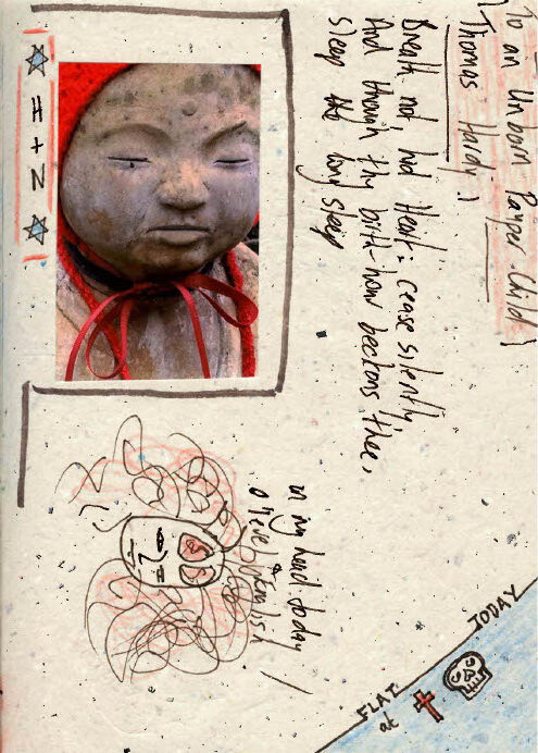 Collage page with a photograph of a garden statue surrounded by plants and red flowers, alongside handwritten text. The poem excerpt reads: ‘Praying I Mary Oliver. It doesn’t have to be the blue iris, it could be weeds in a vacant lot, or a few small stones; just pay attention…’